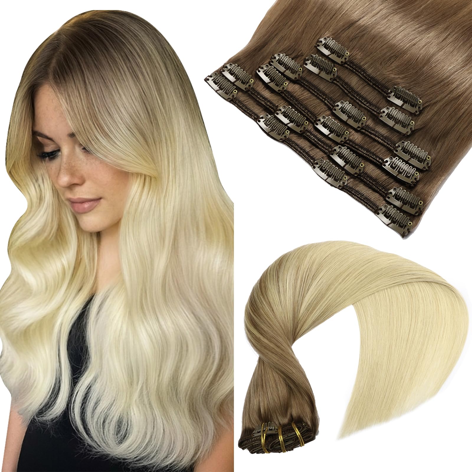 VINBAO Clip in Hair Extensions Balayage Light Brown To Platinum Blonde 14 Inch Hair Extensions Real Human Hair Clip ins Double Weft Natural Hair Extension Clip in 100g 6pcs (#C8T60, 14'') โ image 1