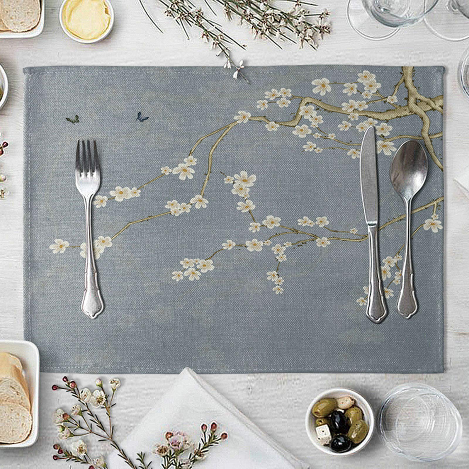 Daesar Heat Resistant Table Mats Set of 4, Dining Placemats Cotton Linen Flower Branches White Blue Elegant Modern Placemats 16x12 Inch