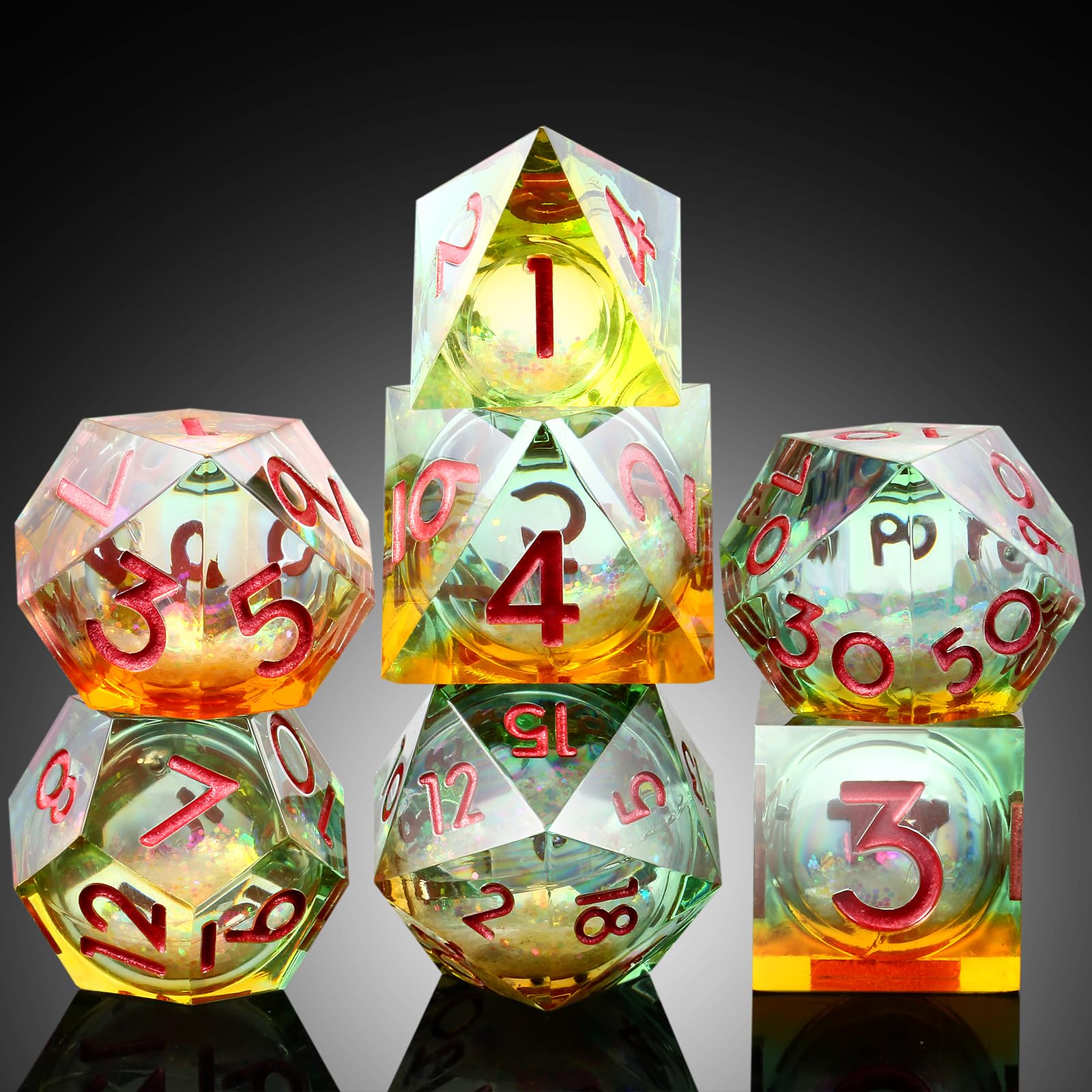 Glitter Liquid Core Sharp D&D Dice, DNDND Handmade Resin Sharp Edge DND Dice Set with Dragon Metal Gift Case for Dungeons and Dragon Tabletop Games (Liquid Yellow and Green)