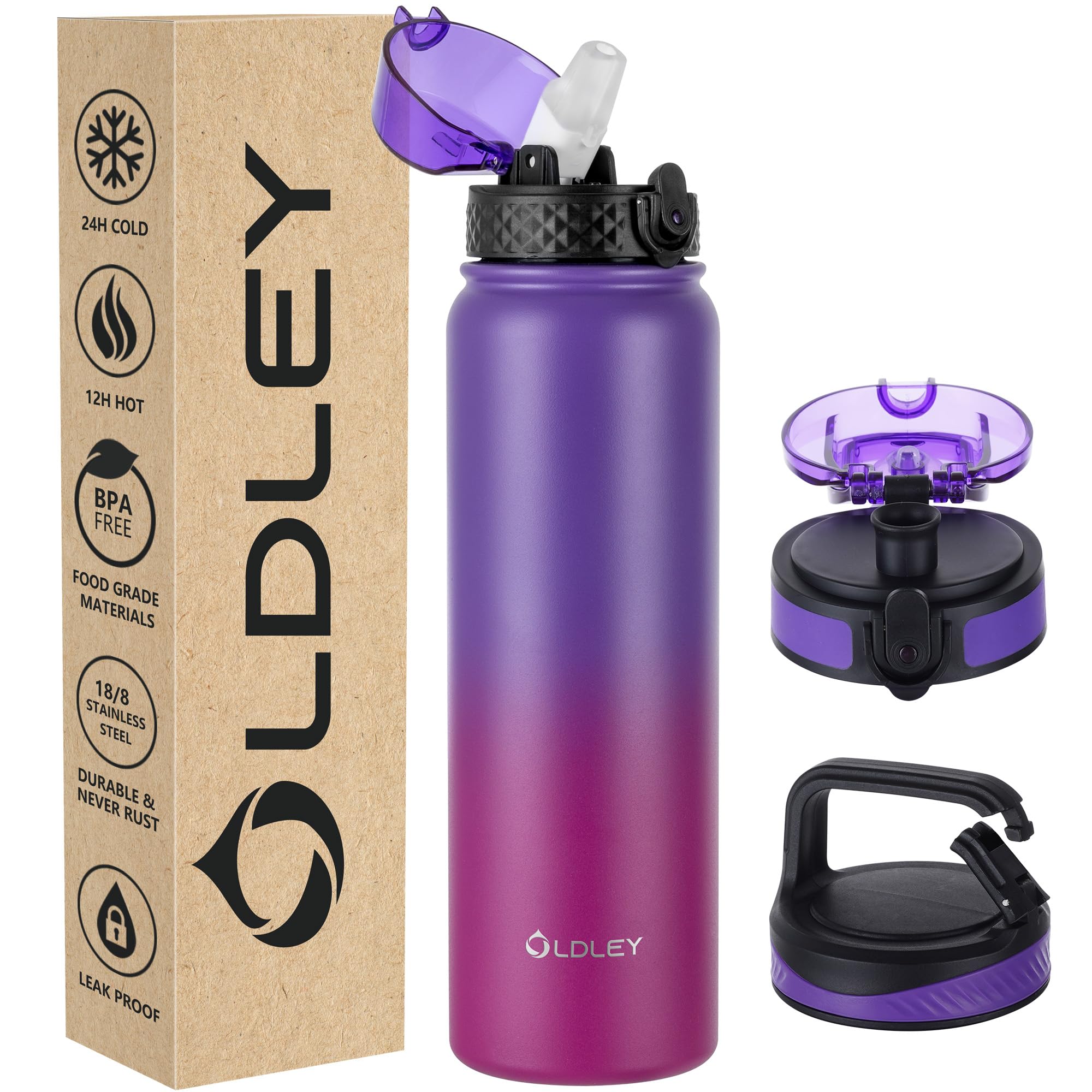 OLDLEY Stainless Steel Water Bottle with Straw 1L Vaccum Insulated Large Drink Flask Metal Water Bottles 1 Litre Leakproof Keep Drinks Hot Cold for Sports Gym with Different Lids(Purple Rose, 3 Lids)