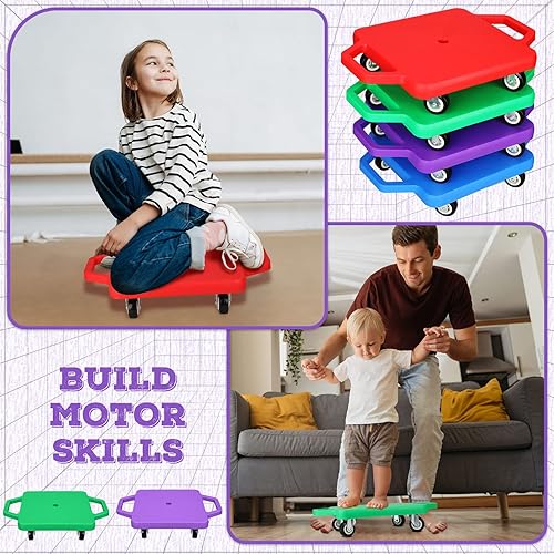 4-Pack Kids Sports Scooter Boards With Handles - Plastic Floor Scooters For Indoor/Outdoor Play, Motor Skills Development