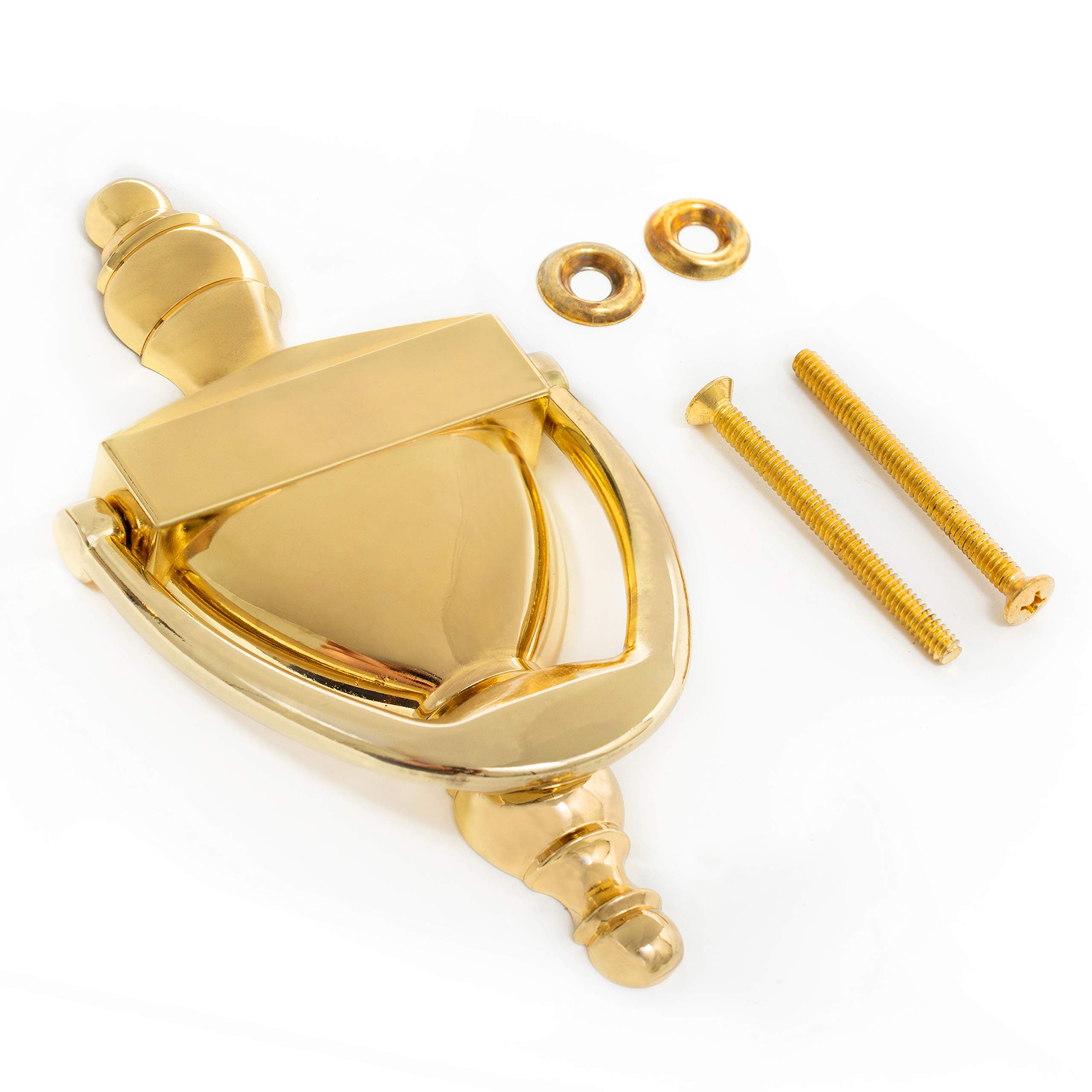 Photo 1 of Everbilt 6-5/16 Inches Bright Brass Door Knocker - Steel Construction with a Decorative Finish - Heavy Duty Front Door Hardware with Screws