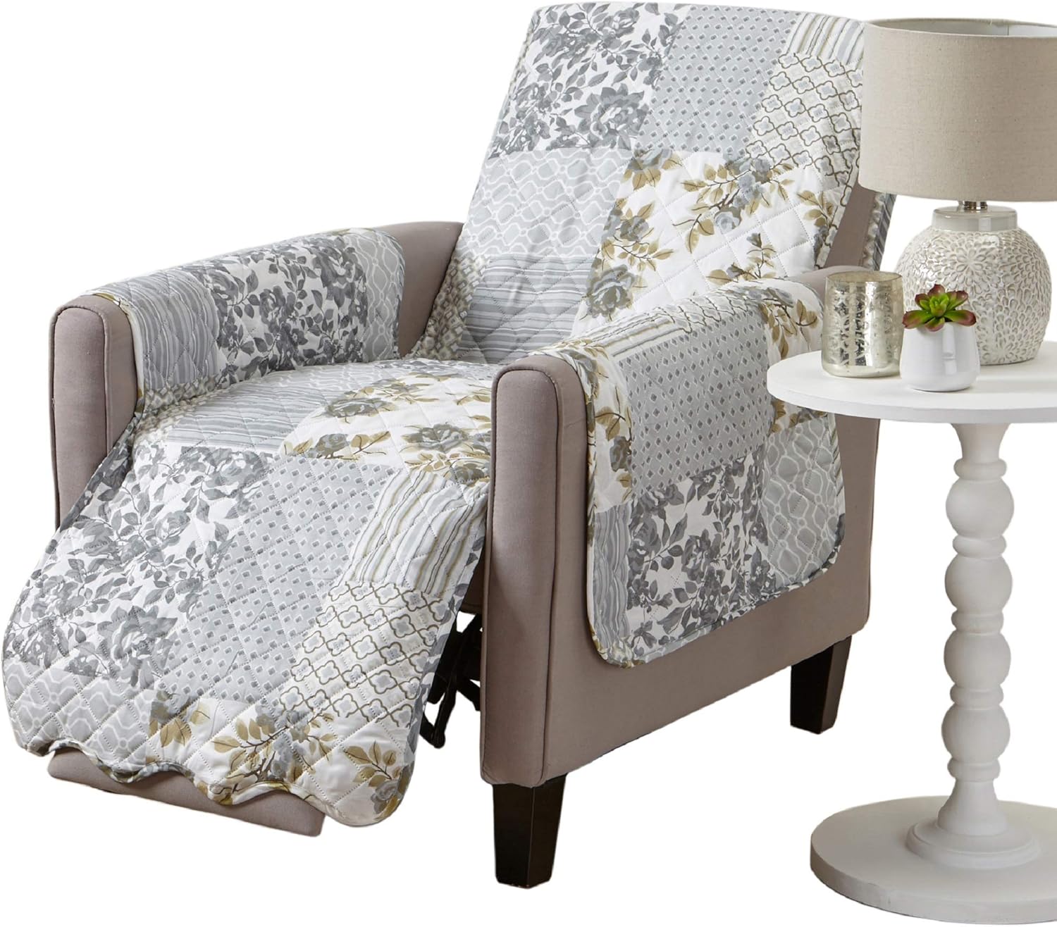 Slipcovers - Great Bay Home Patchwork Scalloped Printed Furniture Protector Stain Resistant Recliner Cover (Recliner, Grey)
