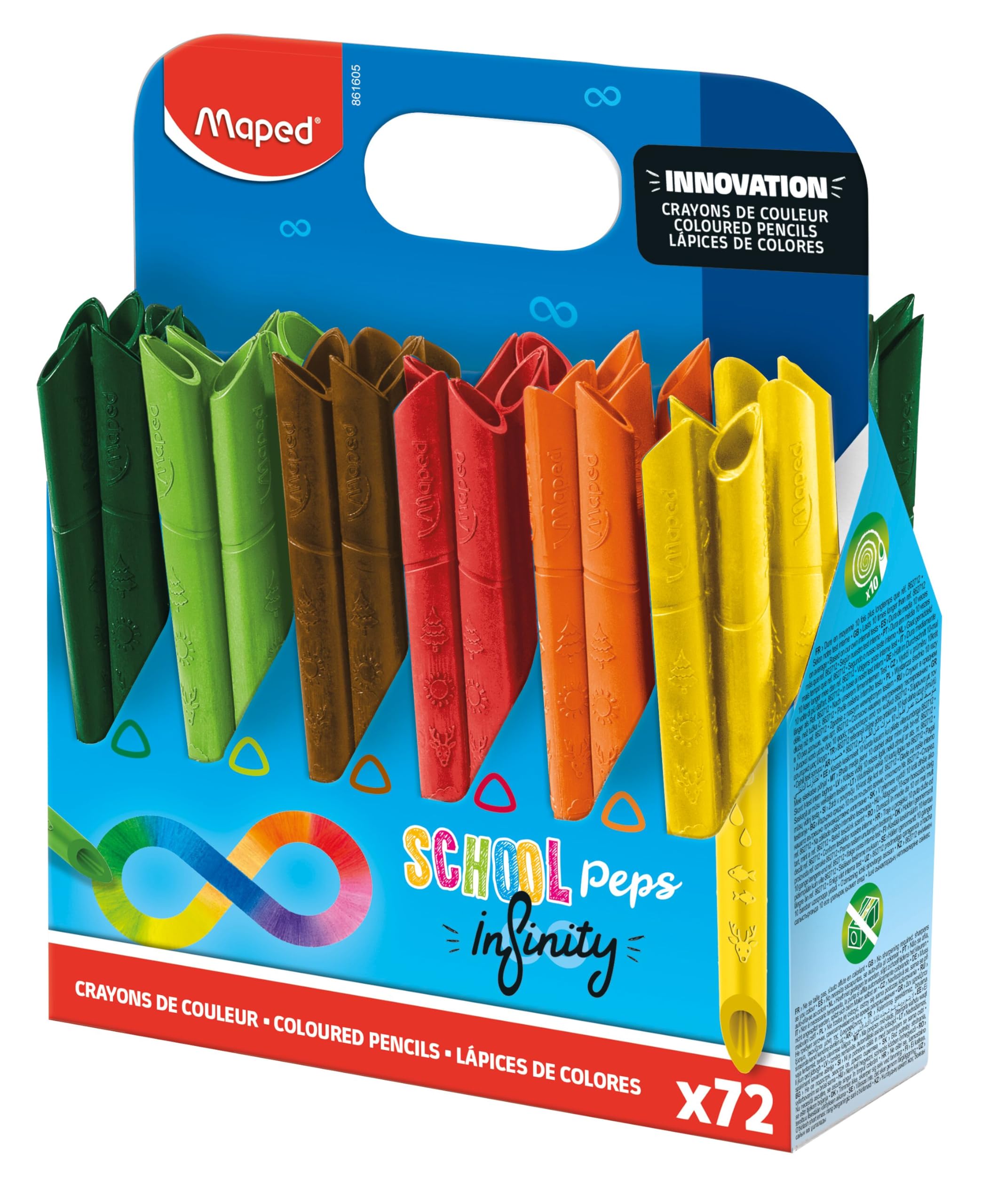 Maped - SCHOOL'PEPS INFINITY COLOURED PENCILS - 100% LEAD, 100% USABLE - ZERO WASTE - NO SHARPENING – LONG LASTING – ERGONOMIC TRIANGULAR SHAPE - SCHOOL CLASS PACK OF 72 PENCILS – 12 COLOURS