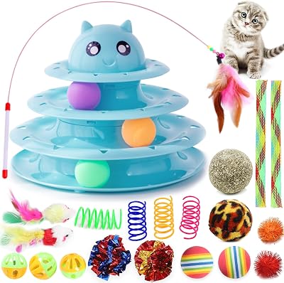 Suhaco 21 Pack Cat Toys Indoor Interactive Kitten Track Ball Toy Set Blue