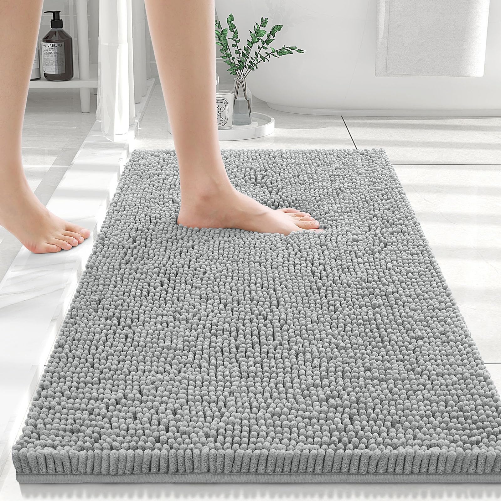 smiry Chenille Bath Mat, 50 x 75 cm, Non-Slip Super Absorbent Bathroom Mat Extra Soft Fluffy Bath Mats for Bathroom Thick Machine Washable Bathroom Floor Mats, Grey