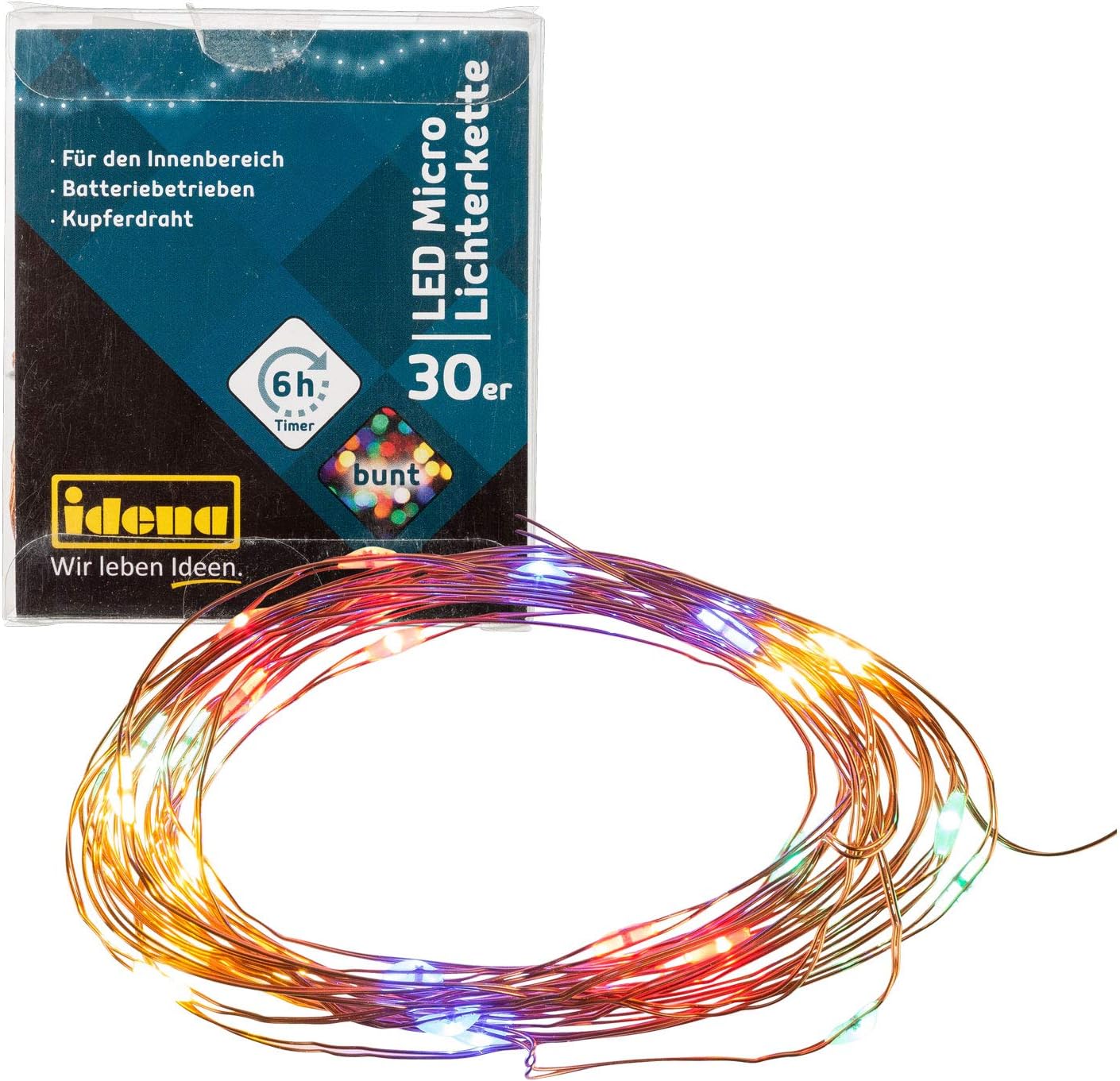 Idena 31096 LED Micro Fairy Lights with 30 LEDs in Colourful, with 6 Hour Timer Function, Battery Operated
