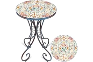 Frstem Mosaic Patio Table and Plant Stand, Outdoor Side Table for Patio with 14" Ceramic Tile Top, Weather Resistant Metal Round End Table Accent Table for Yard Porch Balcony Garden Bedside, Blossom