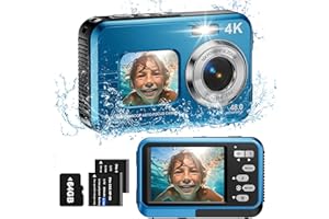 TEBNGIHNM Underwater Camera, 4K Waterproof Camera with 64GB Card 48MP Autofocus Selfie Dual Screens 11FT Underwater Camera for Snorkeling Waterproof Compact Portable Digital Camera, 2 Batteries