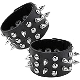Eigso 2 Pcs Spike Studded Rock Punk Biker Wide Strap Leather Bracelet Set Gothic Rivet Buckle Wristband for Men Women