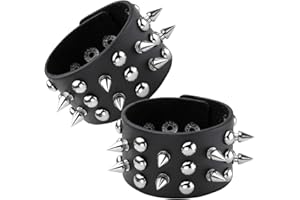 Eigso 2 Pcs Spike Studded Rock Punk Biker Wide Strap Leather Bracelet Set Gothic Rivet Buckle Wristband for Men Women
