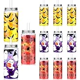 Teenyyou 12 Sets Halloween Cup Gifts 14.2 oz Ghost Pumpkin Plastic Cup Tumblers with Lid Straw and Bow Reusable Coffee Mug for Halloween Kitchen Party Supplies(Simple Style)