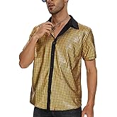 Mens 70S Disco Outfits Sequin Shirt Short Sleeve Button Down Shirts Party Novelty Shirts Nightclub Christmas Prom Costume