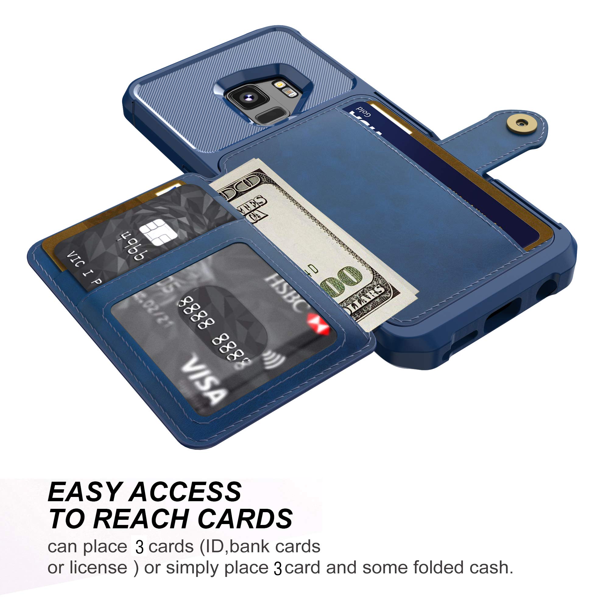 Galaxy S9 Wallet Case, Sumsung S9 Durable Shockproof Slim Magnetic Flip Leather Card Slots Holder Kickstand Protective Case Cover Included Car Phone Mount (Blue)