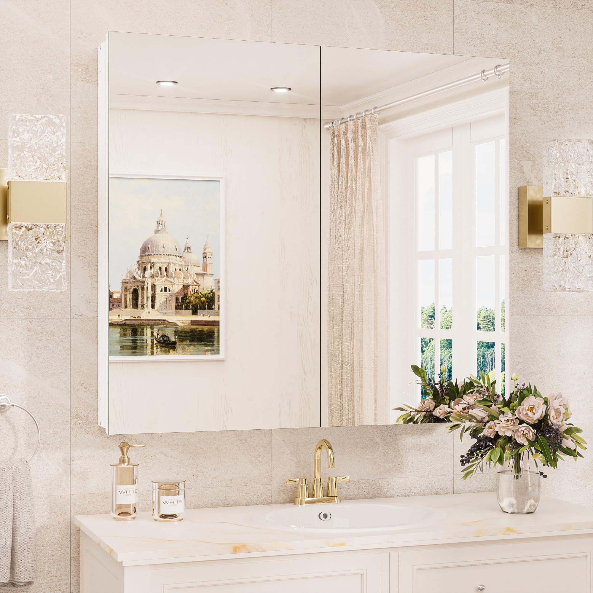 TokeShimi 36x32 Recessed Medicine Cabinet with Mirror Aluminum, Tempered Frameless Bathroom Mirror with Storage Adjustable, White Wall Mounted Medicine Cabinet for Bathroom Farmhouse