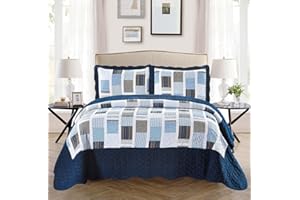 FANCY LINEN Fancy Collection 3pc Bedspread Bed Cover White Navy Squares King/California King Over Size 118"x106" New