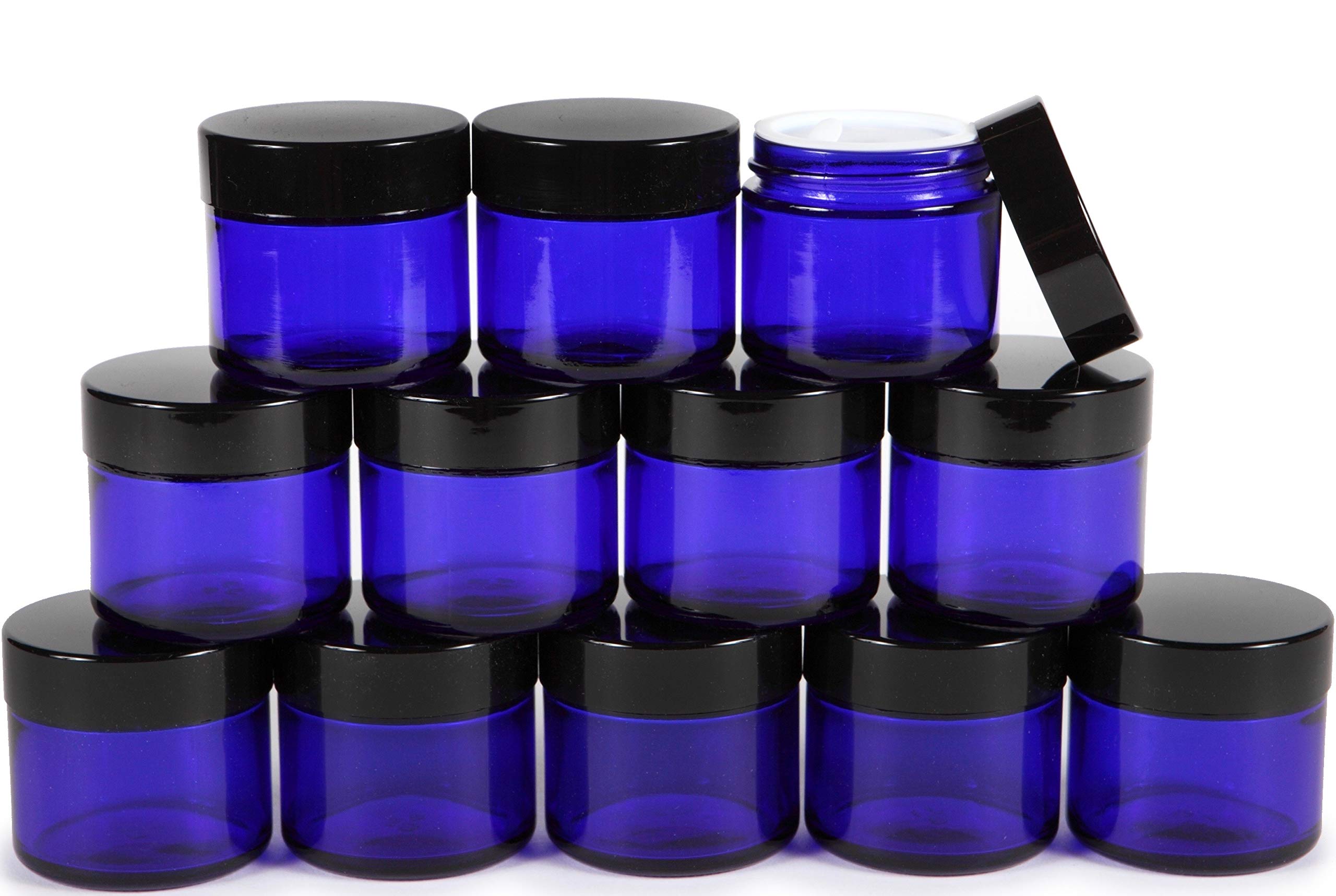 Vivaplex 12, Cobalt Blue, 2 oz, Round Glass Jars, with Inner Liners and black Lids