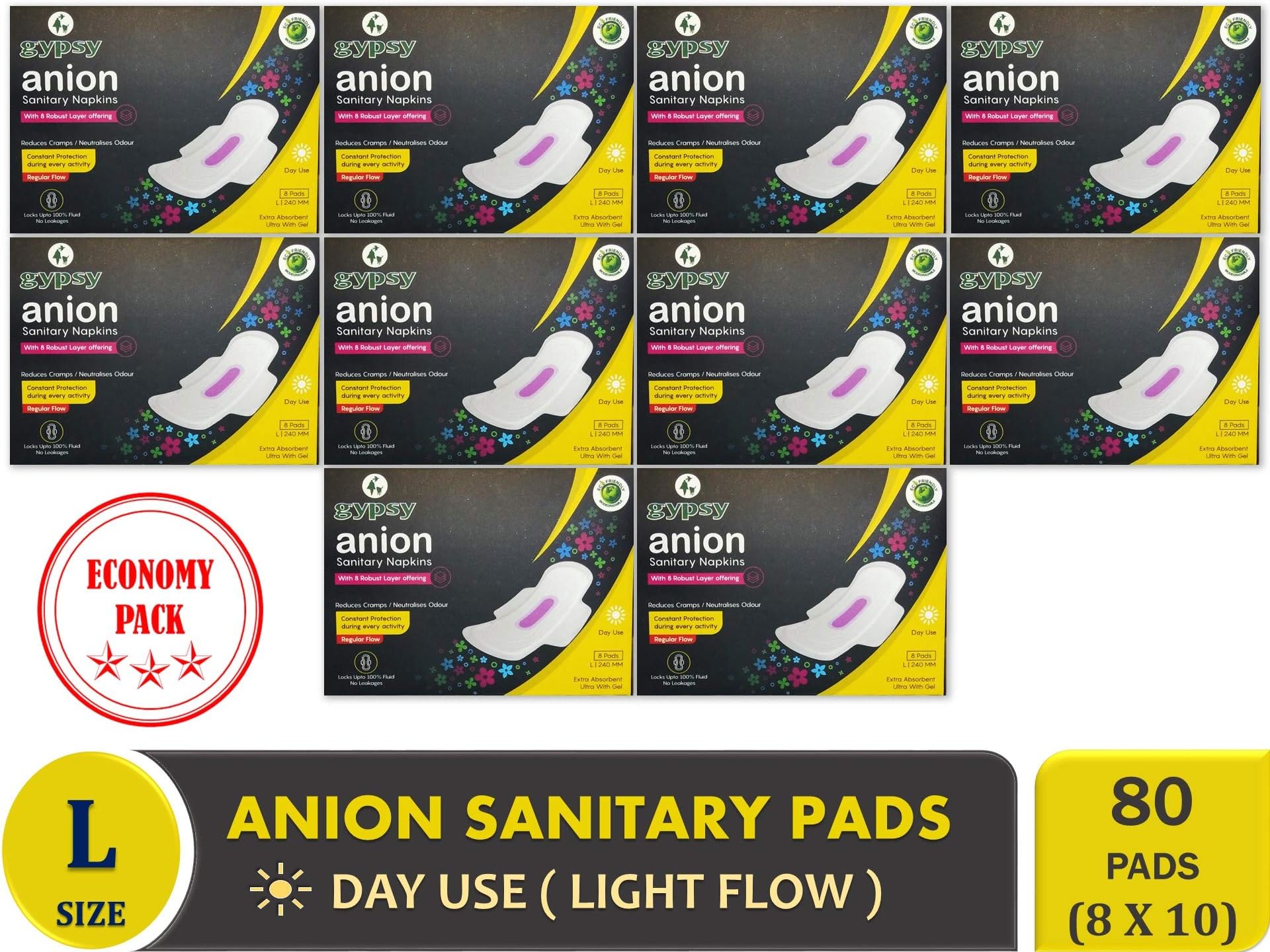 Gypsy Anion Ultra Thin Sanitary Pads with Wings - Cotton, Anti-Bacterial, Biodegradable – Large - 8 Sanitary Napkins Per Pack (80 Pads)