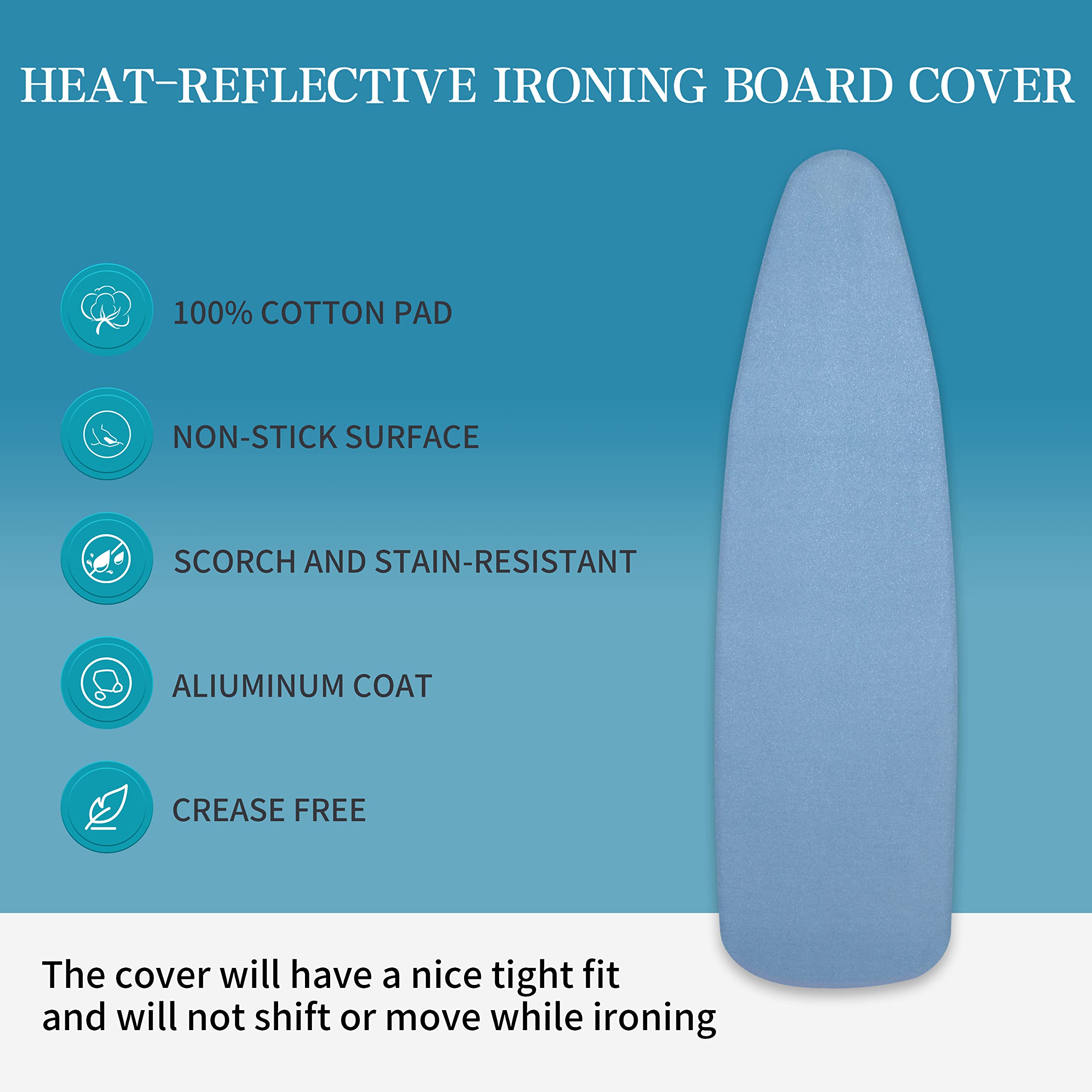 Ironing Board Cover and Pad | 100% Cotton Cover with Padding Standard Size with Aluminum Coating | Heat-Reflective Ironing Board with Elastic Edges Set | 54