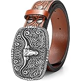 TRIWORKS Western Belt for Men Women Cowboy Engraved Belt Western Buckle Embossed Leather Belt