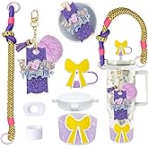 8Pcs Girly Bow Accessories Set for Stanley Cup 20oz30oz40oz, Including Straw Topper, Keychain Charms, Handle Strap, Silicone Boot, Bow Tumbler Lid Topper Compatible with Stanley Tumblers (Purple)