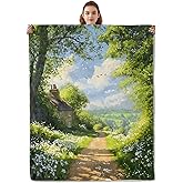 Kibue Beautiful Farmhouse Blanket, Soft Warm Cozy Flannel Throw with White Wildflowers - Plush Lightweight Blankets for Travel, Decor, Bedroom, Office - Ideal Gifts for Adults Kids Women Men 60"×50"