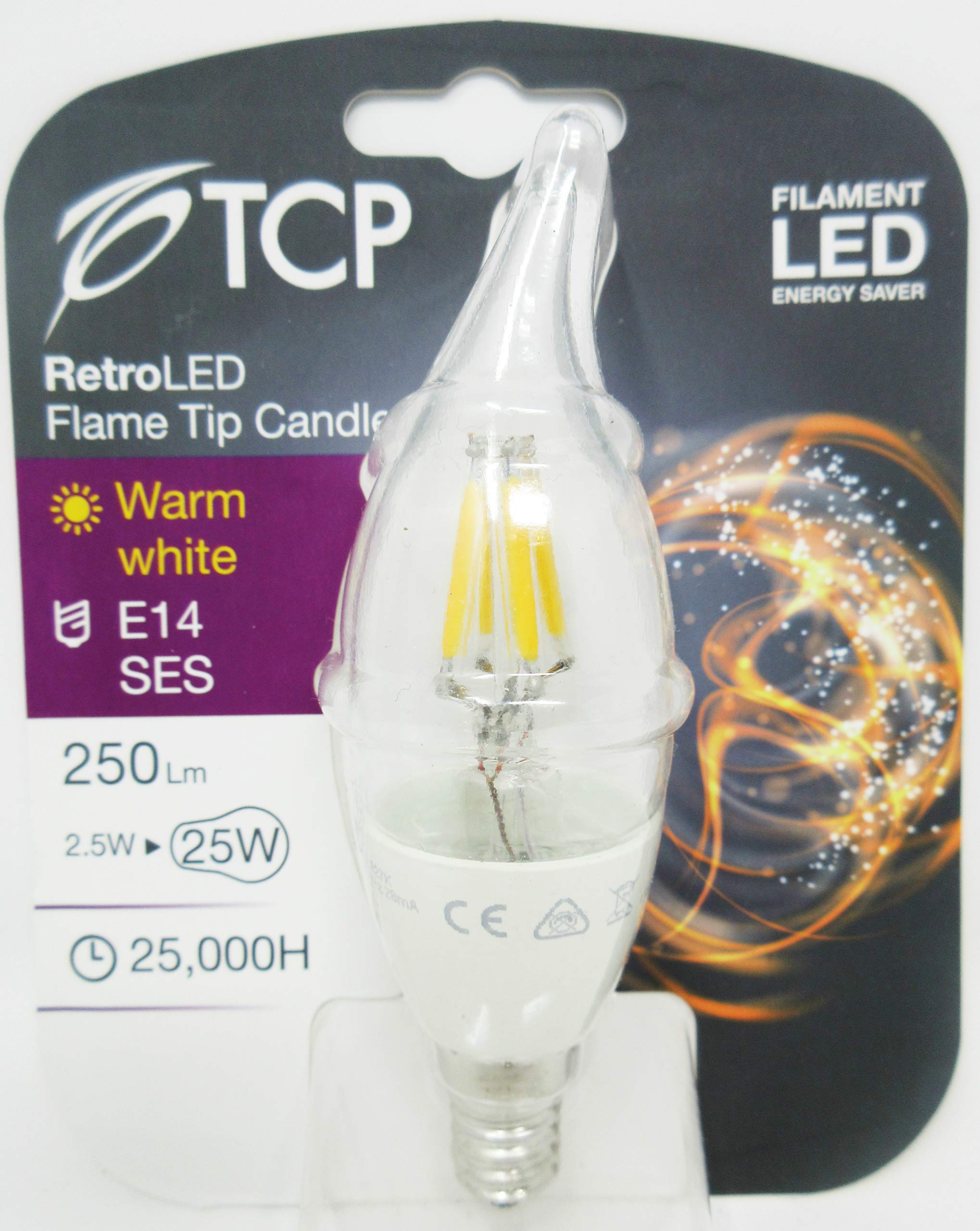 TCP 2.5 W E14 Vintage LED Filament Flame Tip Light Bulb 250lms Candle SES Small Edison Screw Cap 250LM 25000 Hours Life - Pack of 6