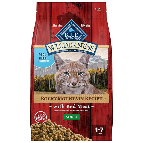 BLUE BUFFALO WILDERNESS ADULT DRY CAT FOOD, ROCKY MOUNTAIN RECIPE, CHICKEN-FREE & GRAIN-FREE RECIPE MADE WITH NATURAL INGREDIENTS, RED MEAT, 4-LB BAG
