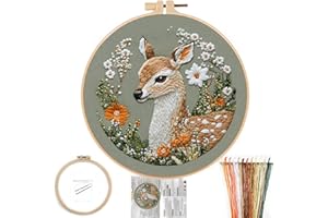 FONNUY Printed Deer and Floral Embroidery Kit with Hoop, Cross Stitch Kits for Beginners, Handmade Crafts, Easy to Follow Color Thread Needlework, 8'' Hoop (Deer and Daisies)