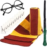 CHRIMISS Wizard Costume Accessories Set Novelty Scarf Wizard Wand Glasses with Round Frame No Lenses Tattoos for Kids Birthday Party Cosplay Costume Accessories Halloween Party