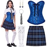 Shihanee 5 Pcs Halloween Monster Costume Set Women Gothic Outfit | Blue Monster Costume, Gothic Corset, Dress, Choker, Clip Earrings, Socks for Halloween Cosplay Costume Party Events