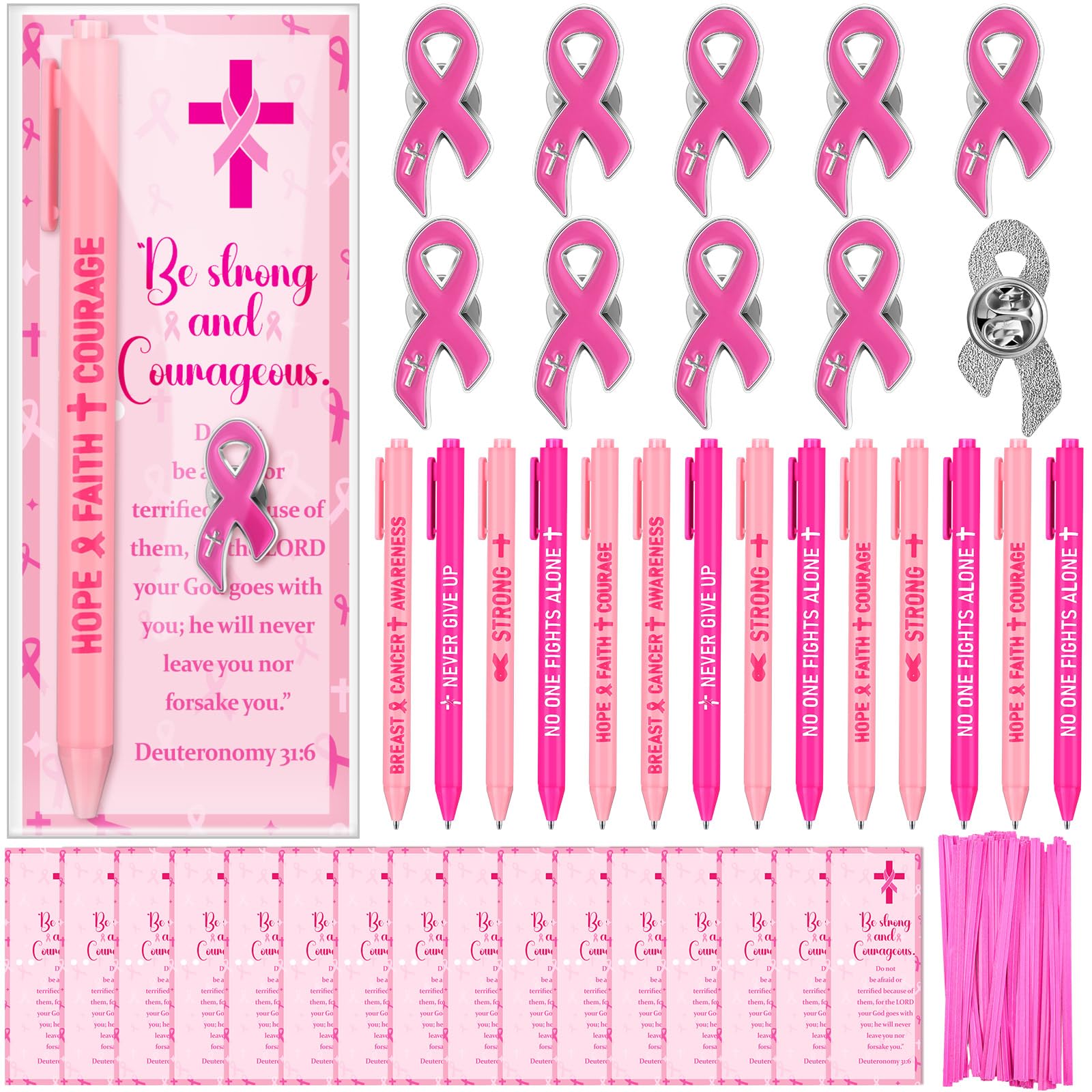 Photo 1 of Sayglossy 50 Set Christian Breast Cancer Awareness Gifts Bulk Pink Ribbon Lapel Pins Religious Faith Hope Ballpoint Pens with Bible Verse Bookmarks and Bags for Survivors Charity Event Favor Supplies