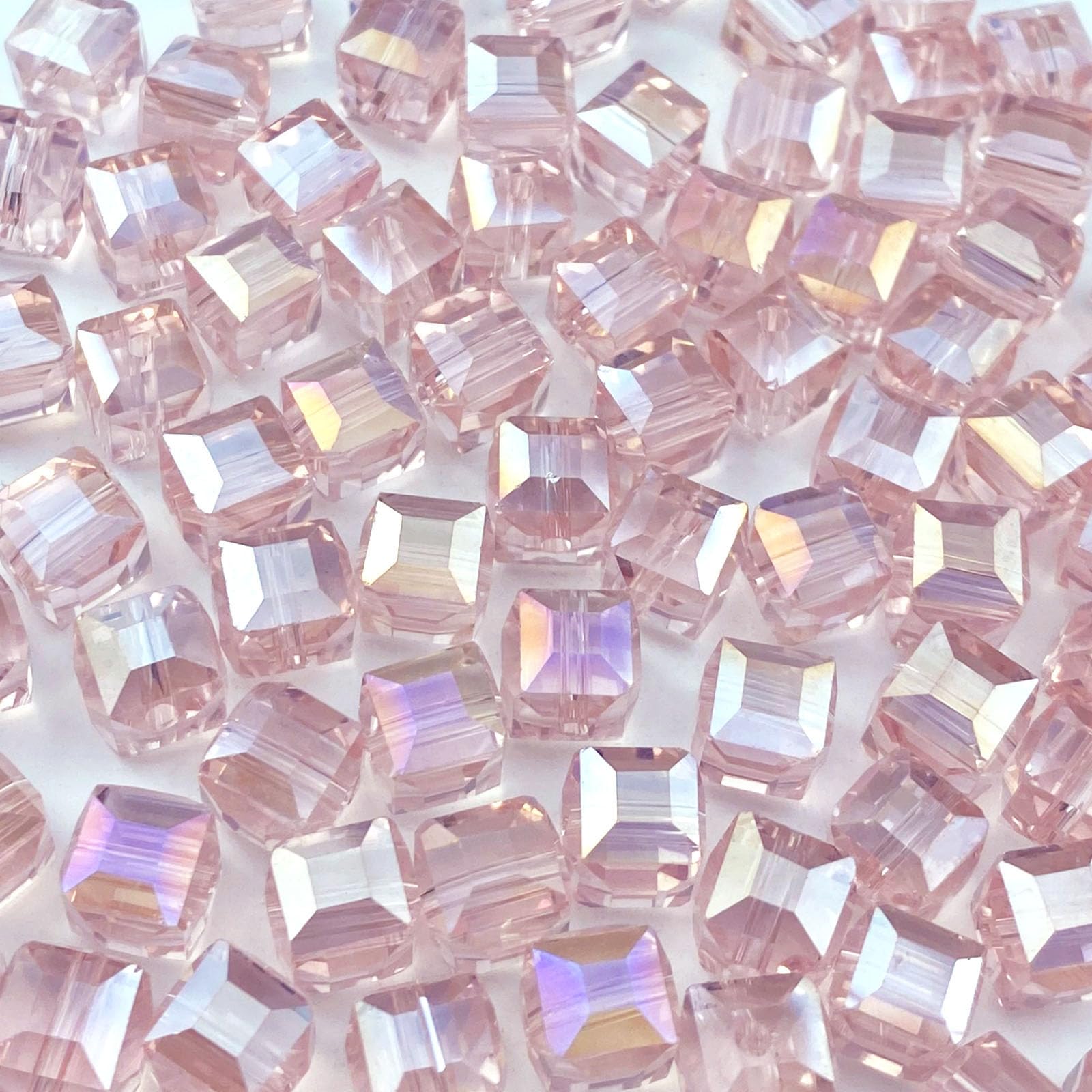 Photo 1 of 100pcs 8mm Crystal Glass Beads Cube Shape Loose Square Spacer Beads AB Color Craft Beads for Jewelry Making Making Necklace Bracelet Earring Wind Chimes Suncatchers Ornament(Pink AB)