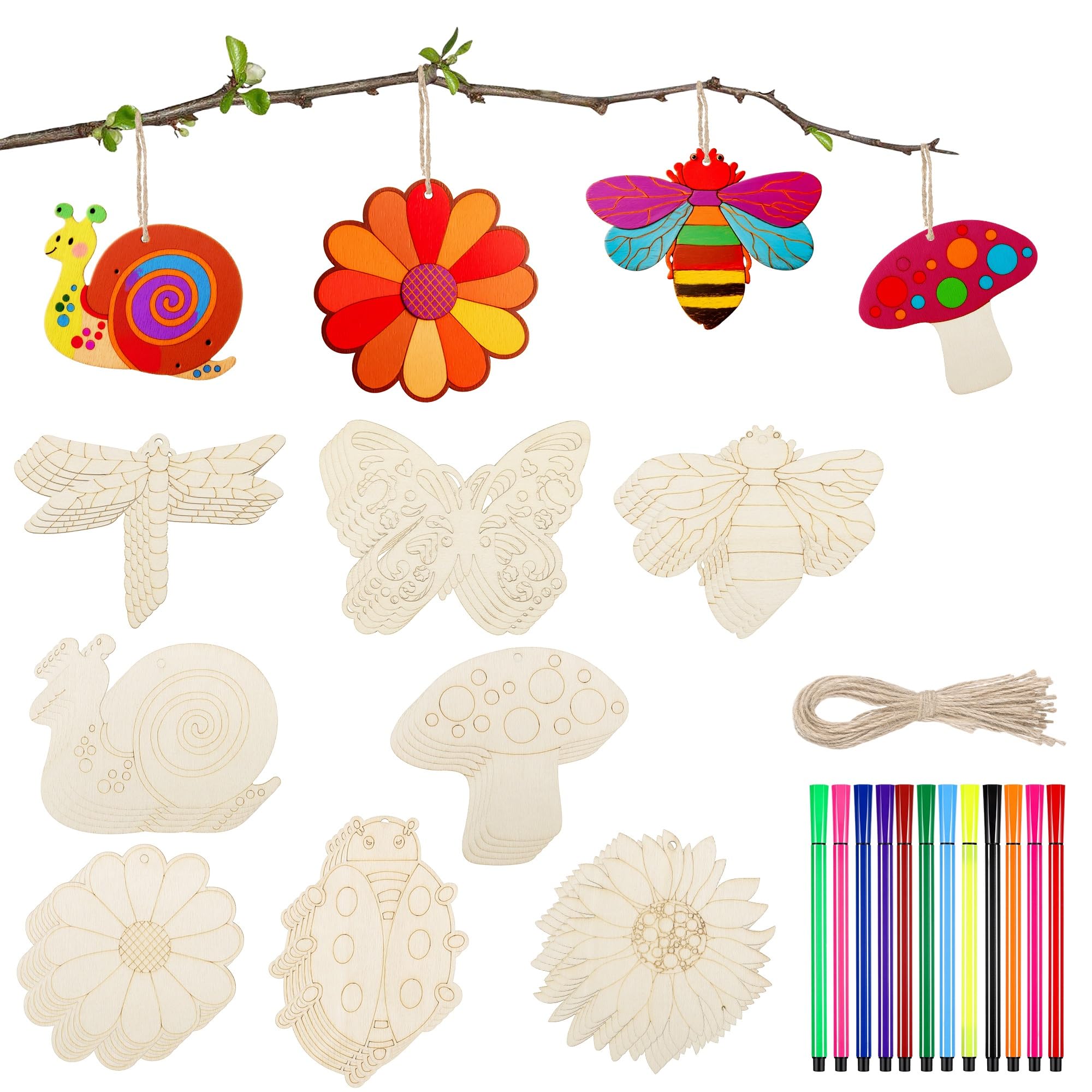 TranRantic 40 Pcs DIY Wooden Crafts, Blank Wooden Shapes with Rich Accessories, Wood Hanging Ornaments for DIY Crafts Home Decoration Craft Project