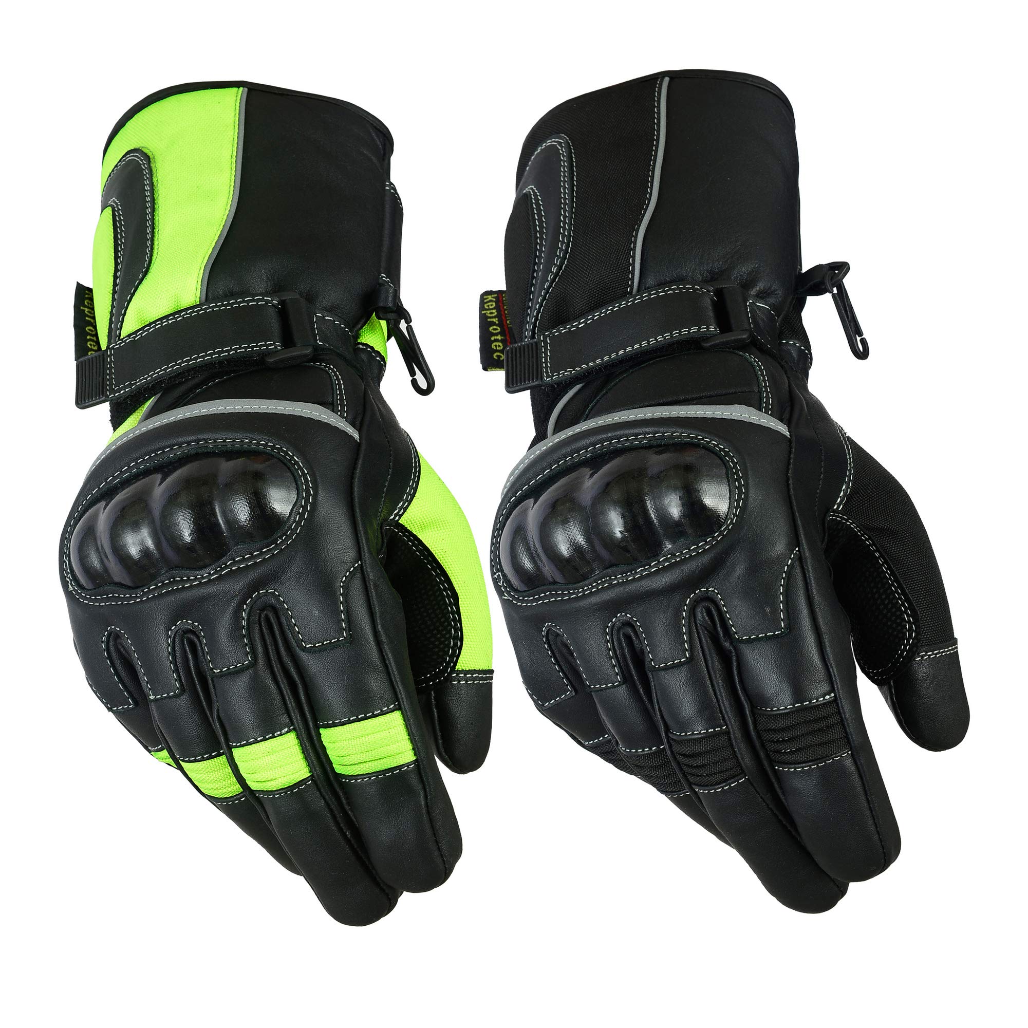 Texpeed Motorcycle Mens Waterproof Gloves Leather Cordura Textile Motorbike Moped Scooter Biker With Armour Protection Yellow Hi Vis - L