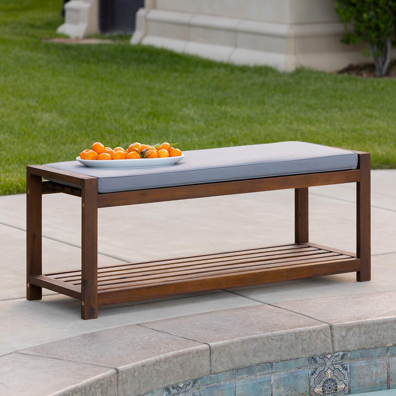 Walker Edison Willmington Solid Acacia Wood Slatted Outdoor Bench with Cushion, 48 Inch, Dark Brown and Grey : Garden & Outdoor
