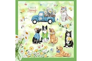 Yovkky Hello Spring Dog Cat Window Clings 9 Sheets, Pet Golden Retriever Puppy Kitty Daisy Flower Blue Truck Farmhouse Stickers Decals Decor, Floral Eucalyptus Butterfly Home Kitchen Decorations