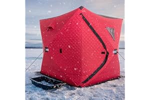 INTOBOO Ice Fishing Shelter, Insulated Ice Fishing Pop-Up Tent for 1-4 Person, Portable Ice Fishing Shanty Large Ice Shack with 3 Layer Fabric, Anchors, Tie Ropes, Carry Bag, Windproof & Waterproof, Red/Blue