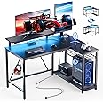 Bestier Gaming Desk with Power Outlets, 42" L-Shaped Gaming Desk with LED Lights, Desk with Reversible Storage Shelves & Hooks for Small Spaces, Bedrooms & Offices, Black Carbon Fiber