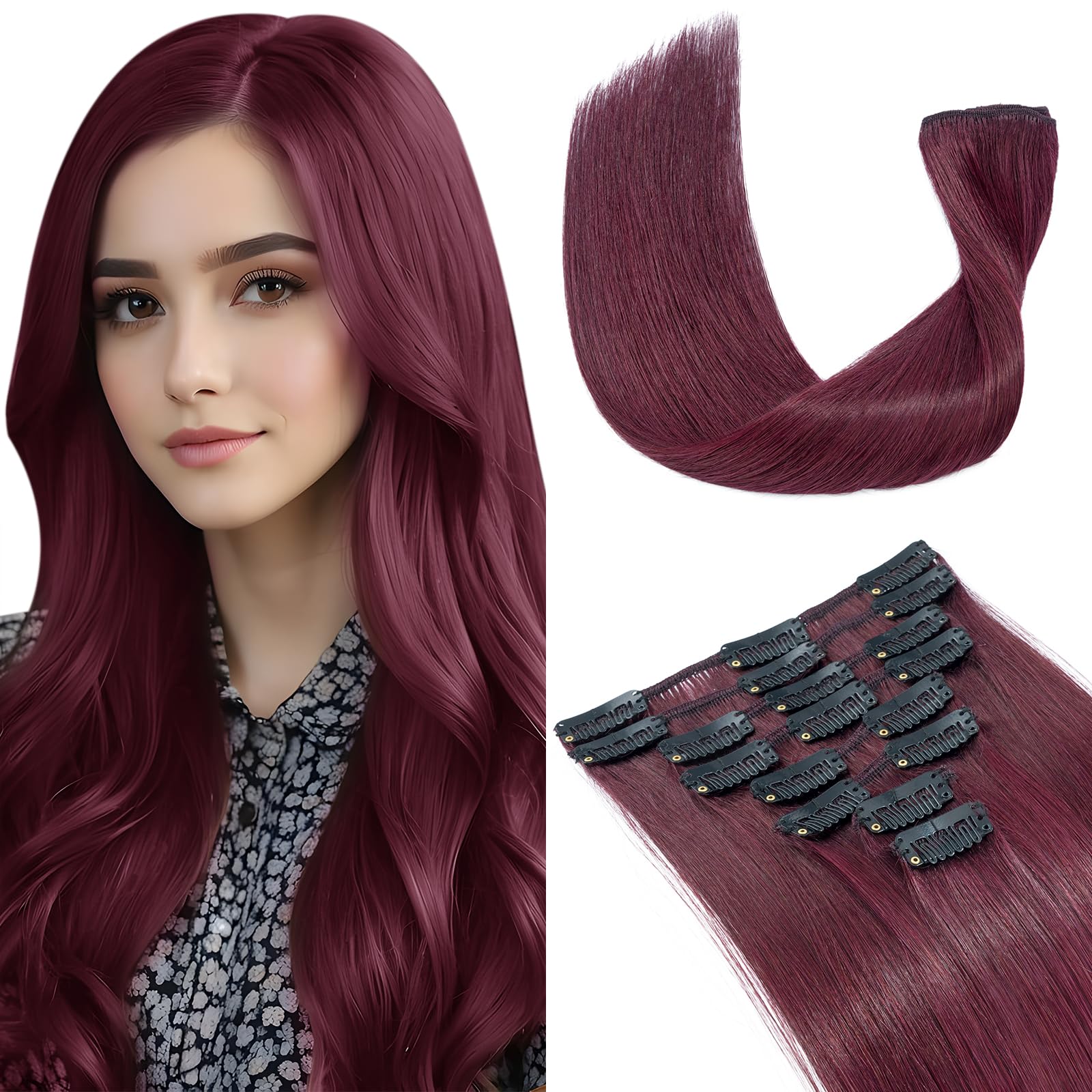 Elailite Hair Extensions Real Human Hair Clip in Full Head - 100% Remy Hair 8 Pcs Basic Thickness (#99J Wine Red, 14"(60g)) — image 1