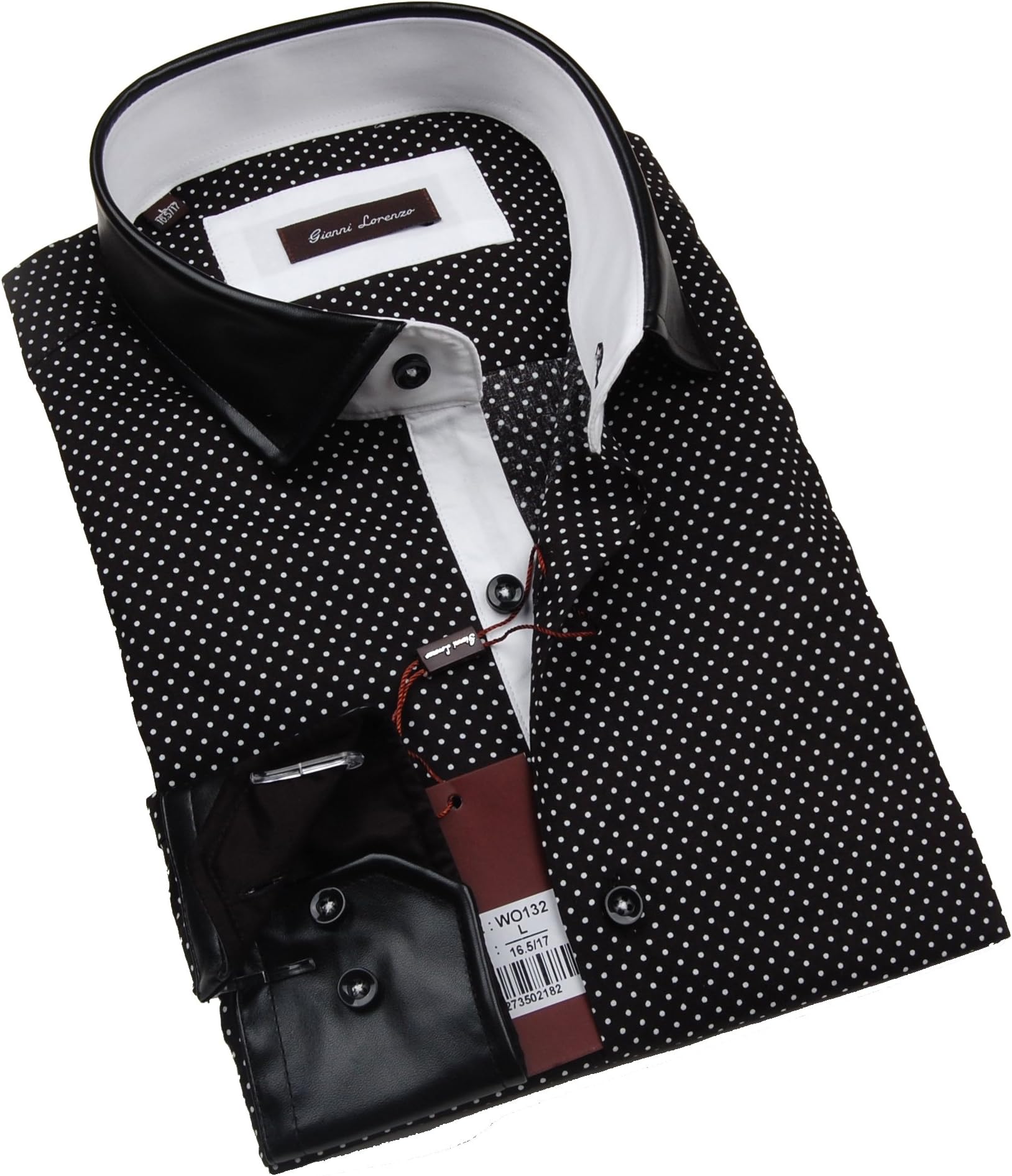 Giannia Lorenzo Mens Polka Dot Shirt with Black Faux Leather Collar and Cuff (X-Large)