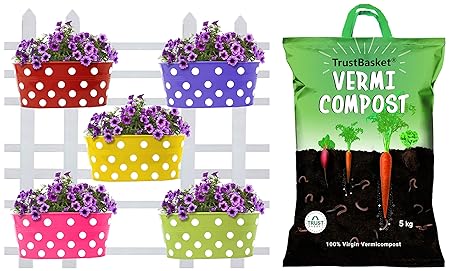 TrustBasket Dotted Oval Railing Planters (Multicolour, Pack of 5) & Organic Vermicompost Fertilizer Manure for Plants - 5 KG Combo