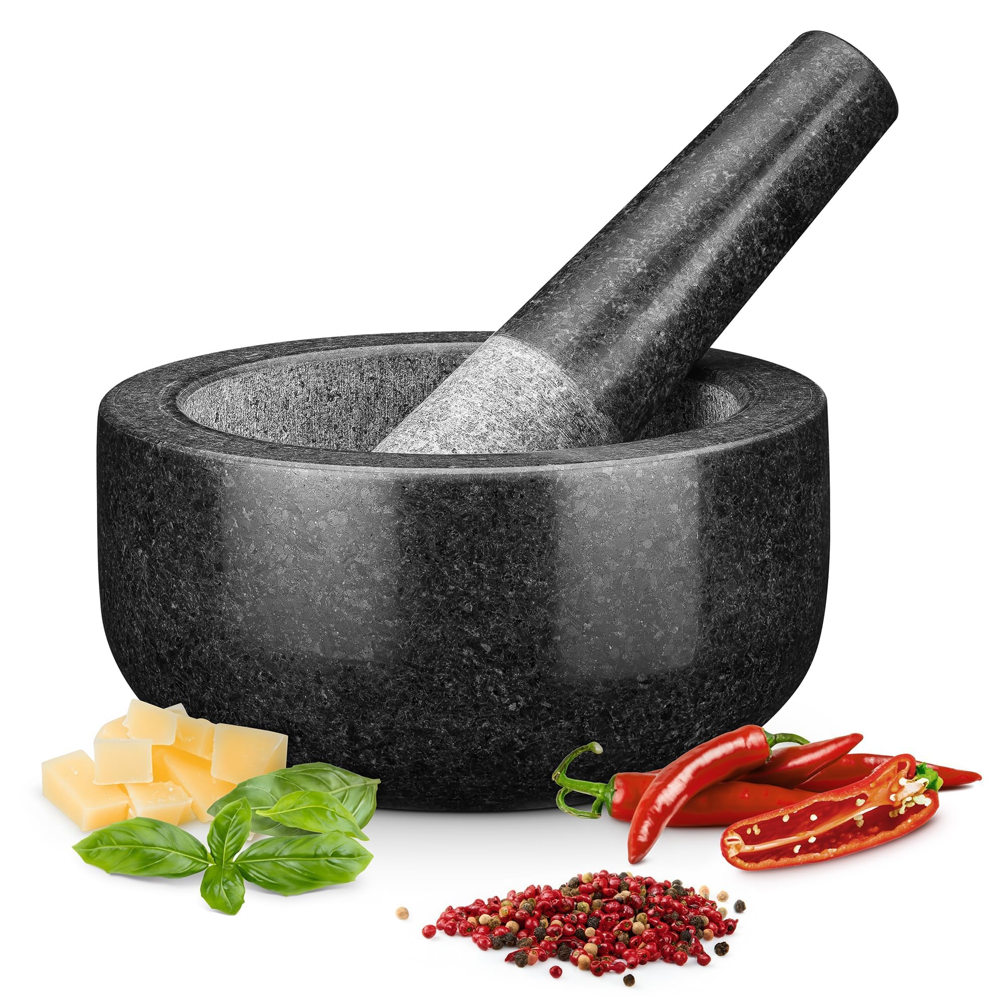 H&S Pestle and Mortar Set, Premium Solid Granite Stone Mortar and Pestle Large Black - 16cm (6.3") Diameter - Pestle and Mortar Large