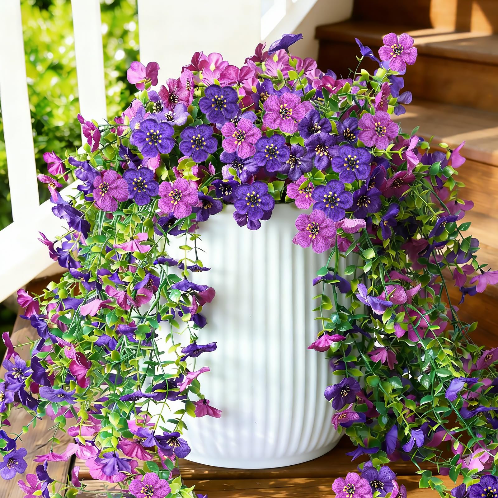 Artificial Hanging Flowers for Outdoors, 4 Pcs UV Resistant Fake Plants, Realistic Faux Silk Daisy Flowers Vines for Spring Summer Outside Indoor Balcony Porch Patio Gardens Window Bow Home Decor