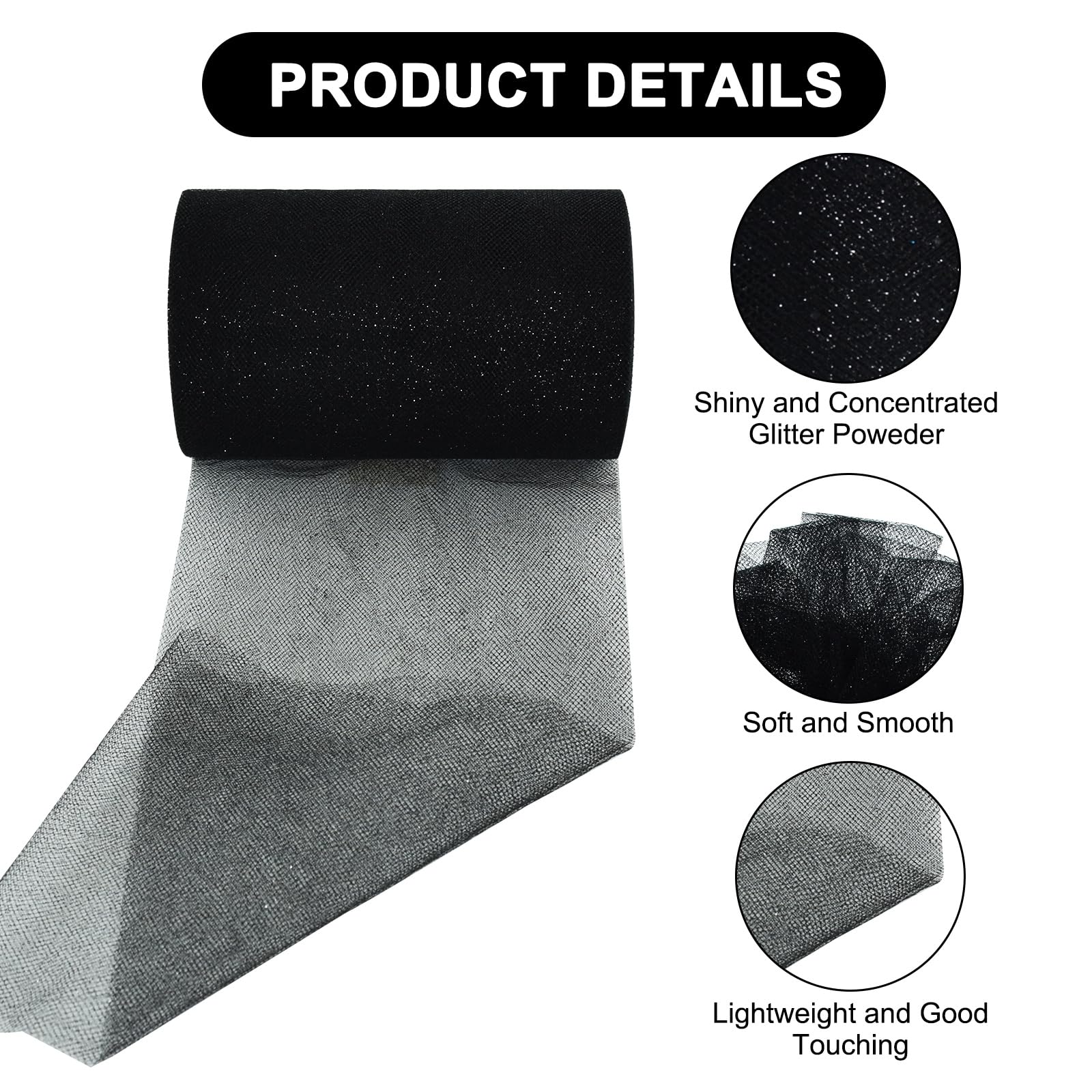 TONIFUL Black Glitter Tulle Roll 6 Inch x 50 Yard Tulle Ribbon for Tutu Skirt, Wedding Christmas Baby Shower Valentine's Decorations and DIY Crafts,Halloween