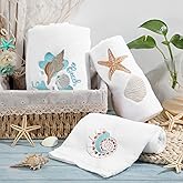 Peryiter 3 Pcs Beach Hand Towels for Bathroom Cotton Embroidered 1 Bath Towel 1 Hand Towel and 1 Wash Cloth Absorbent Bath Sheets for Bathroom Decor(White,Shells)