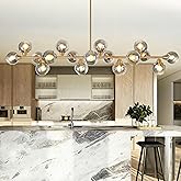 DHK wot 75'' Gold Linear Chandeliers for Dining Room Smoke Gray Open Glass Shade Long Sputnik Linear Chandelier 17 Lights Mod