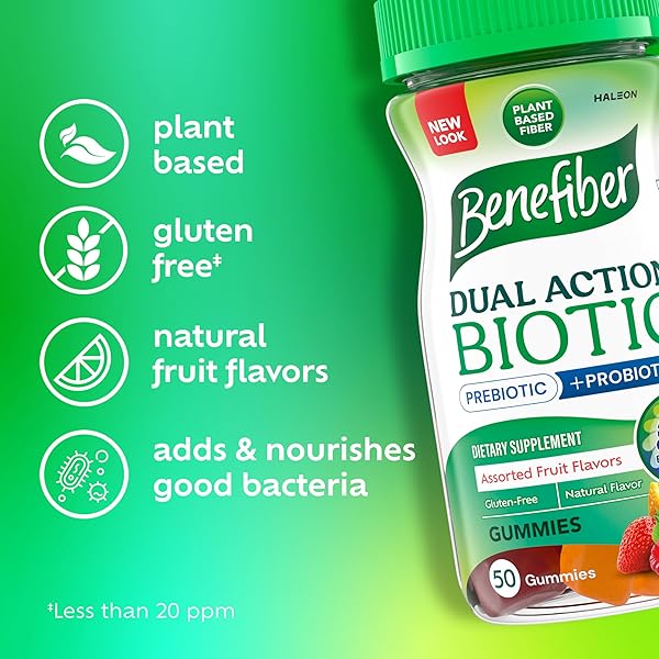 BENEFIBER PREBIOTIC FIBER SUPPLEMENT GUMMIES WITH PROBIOTICS FOR DIGESTIVE HEALTH, ASSORTED FRUIT FLAVORS – 50 COUNT
