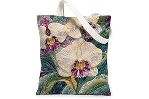 Spring Quilted Orchid Flower Canvas Tote Bag for Shopping 13x15, Floral Wildflower Reusable Grocery Print Pattern Bag for Wom