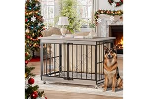 COZPAW Dog Crate Furniture, 48 Inch Dog Crates for Medium/Large Dogs, Farmhouse Wood Dog Kennel Indoor Heavy Duty Dog Cage with Caster Wheels (Gray)
